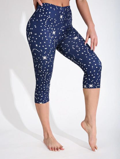 Women Starry Print High Elasticity Capri Leggings, Slim Fit Yoga Pants for Spring Summer Fitness & Active Wear