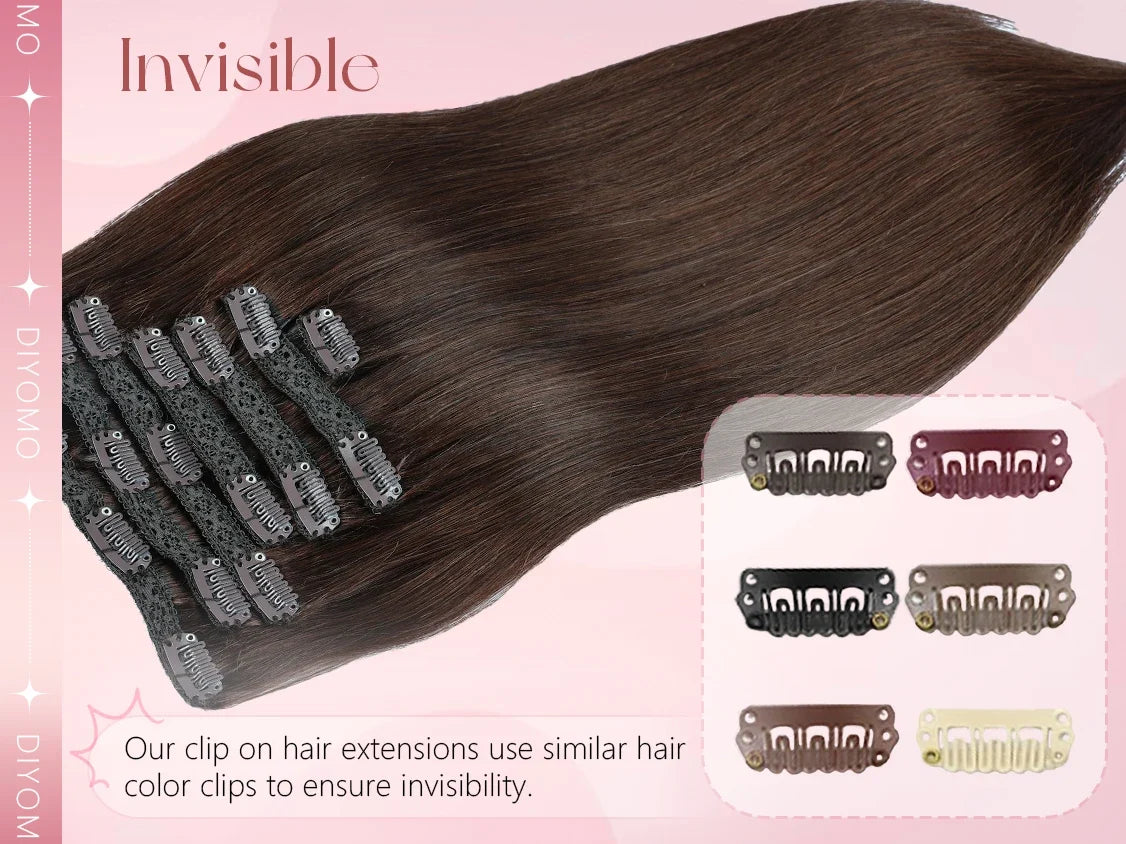 Natural Black Straight Human Hair Extensions - 7-Piece PU Clip-In Invisible Weft Set 116g