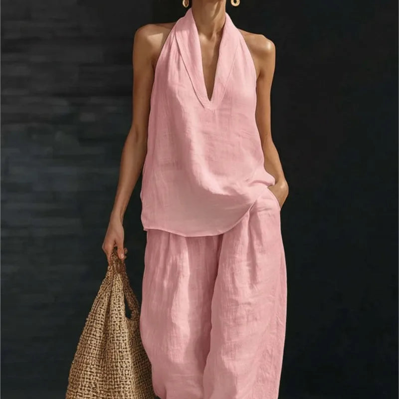 Women’s 2-Piece Summer Outfit – Halter Neck V-Neck Sleeveless Top & Loose Trousers Casual Matching Set