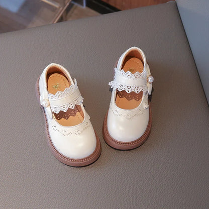 Girls Soft Leather Shoes - Beige Single Shoes with Flexible Bottom, Sizes 23-36