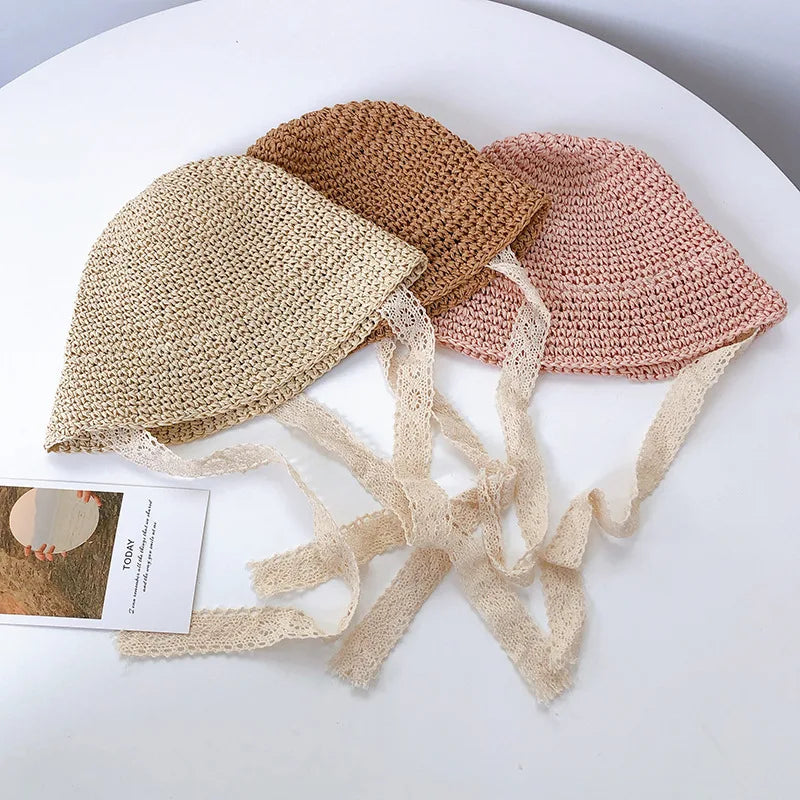 Summer Straw Baby Sun Hat – Lace Bow Panama Cap for Girls, Fashion Beach & Outdoor Travel Princess Bucket Hat for Kids UV Protection Bonnet
