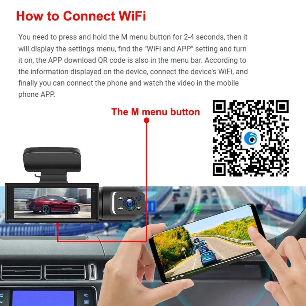 1080P WiFi Dual Camera Dash Cam — Front & Inside Car DVR with IR Night Vision, Loop Recording & Wide-Angle Lens
