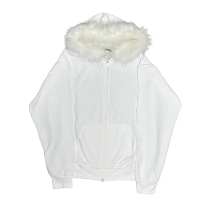 Y2K Zip-Up Hoodie with Faux Fur Collar – Harajuku Rock Goth Retro Punk Loose Jacket for Hip Hop Streetwear