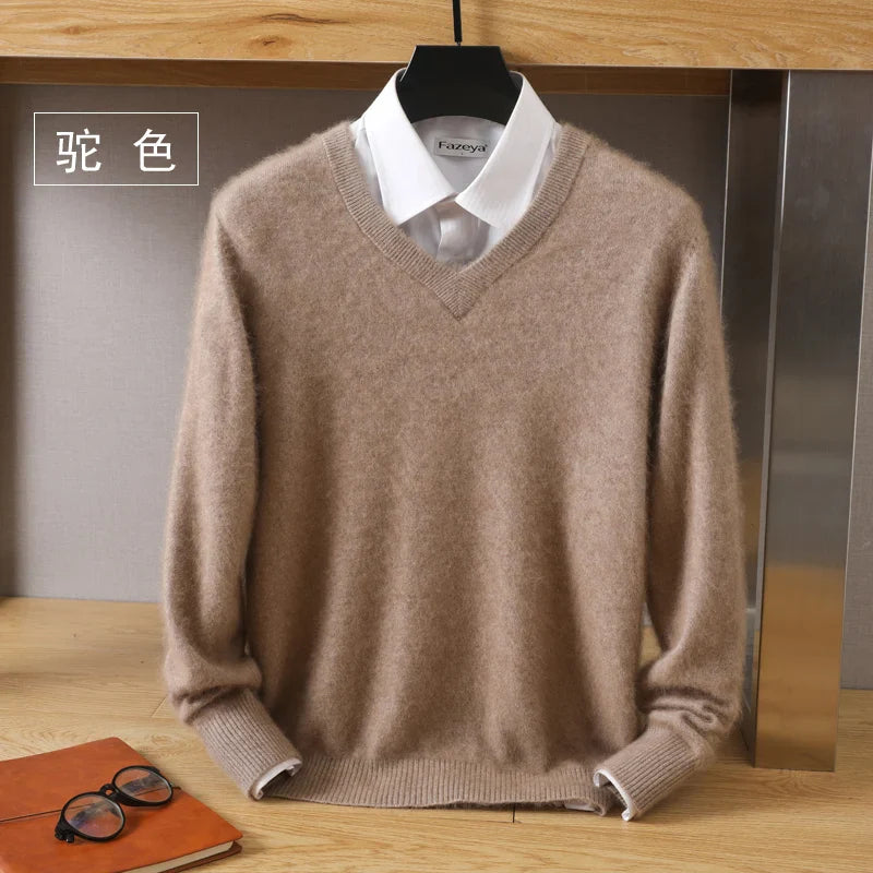 Men’s 100% Pure Mink Cashmere Sweater – V-Neck Knit Pullover, Long Sleeve Winter Jumper, Large Size High-End Top