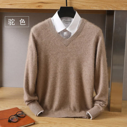 Men’s 100% Pure Mink Cashmere Sweater – V-Neck Knit Pullover, Long Sleeve Winter Jumper, Large Size High-End Top
