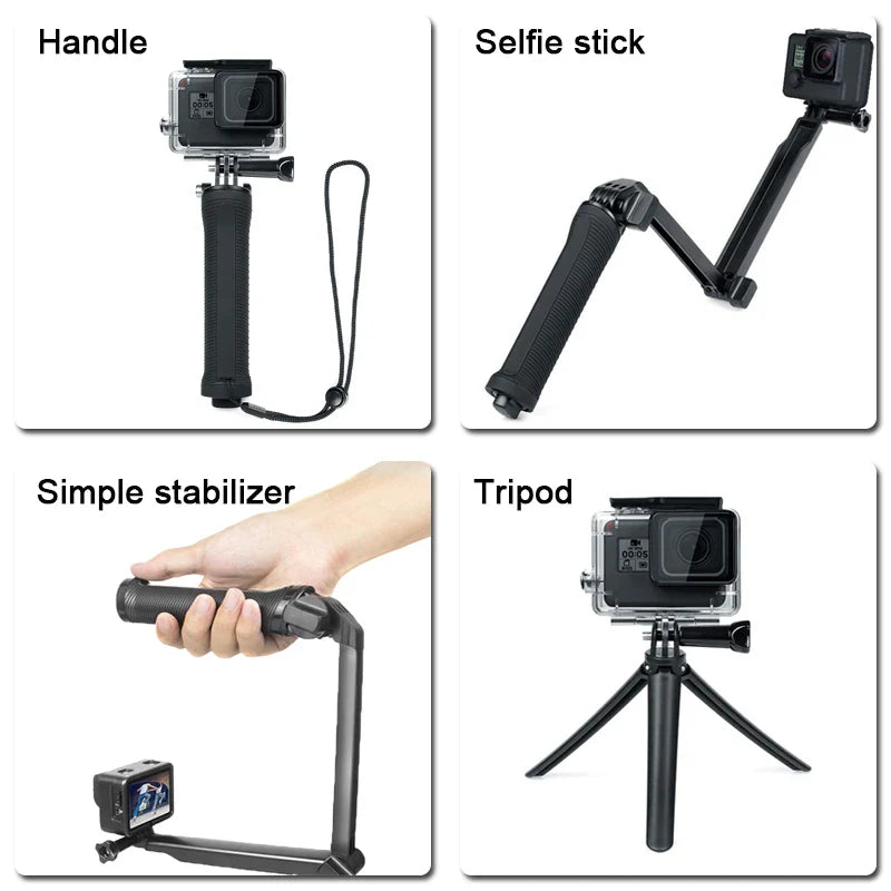 3-Fold Waterproof Selfie Stick & Mini Tripod – 3-Way Monopod Stand for GoPro 7–12, Insta360, Osmo Action Cameras