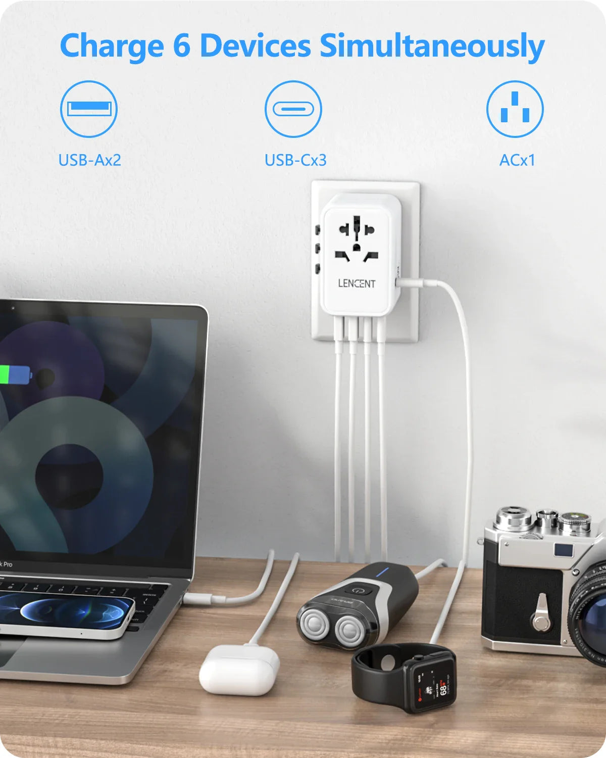 LENCENT 65W/100W GaN Fast Charging International Travel Adapter - 2 USB and 3 Type-C Ports, Includes EU, AU, US, UK Plugs