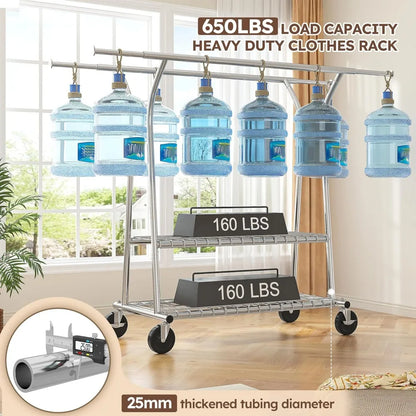 Heavy Duty Clothing Rack with Shelves – Rolling Hanger for Clothes, 650LBS Load Capacity