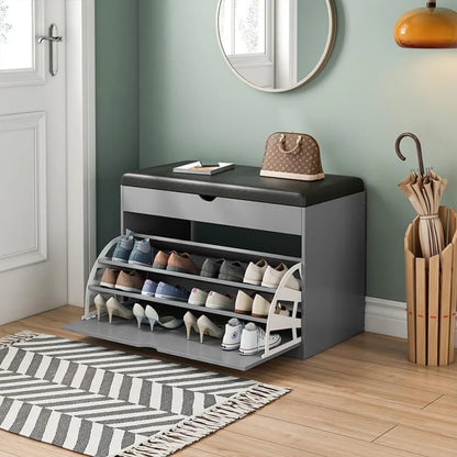 Entryway Shoe Bench with 3-Tier Rack – Wooden Sitting Stool & Multi-Function Shoe Storage Organizer