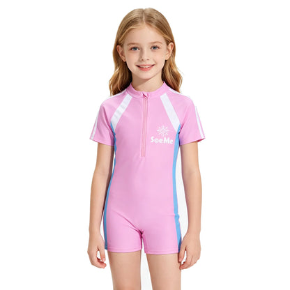 Girls' Pink One-Piece Swimsuit - Cute Short-Sleeve Kids Beach Swimwear for Ages 3–10
