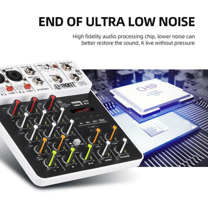 V4 4-Channel Audio Interface Mixer — USB & Bluetooth with 48V Phantom Power, Effects & Recording
