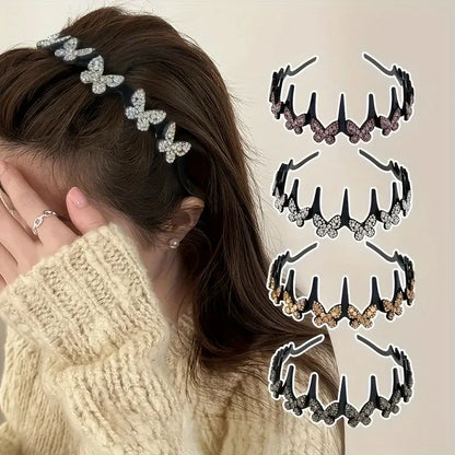 Rhinestone Butterfly Wavy Headband - Stylish Flyaway Hair Holder for Women & Teens