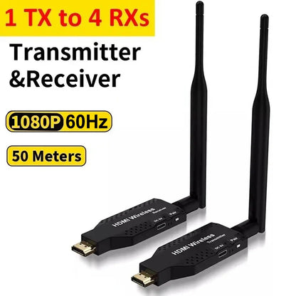 50m Wireless HDMI Extender – 1-to-2/3/4 Video Transmitter & Receiver for TV, Camera, Laptop, PC to Monitor or Projector