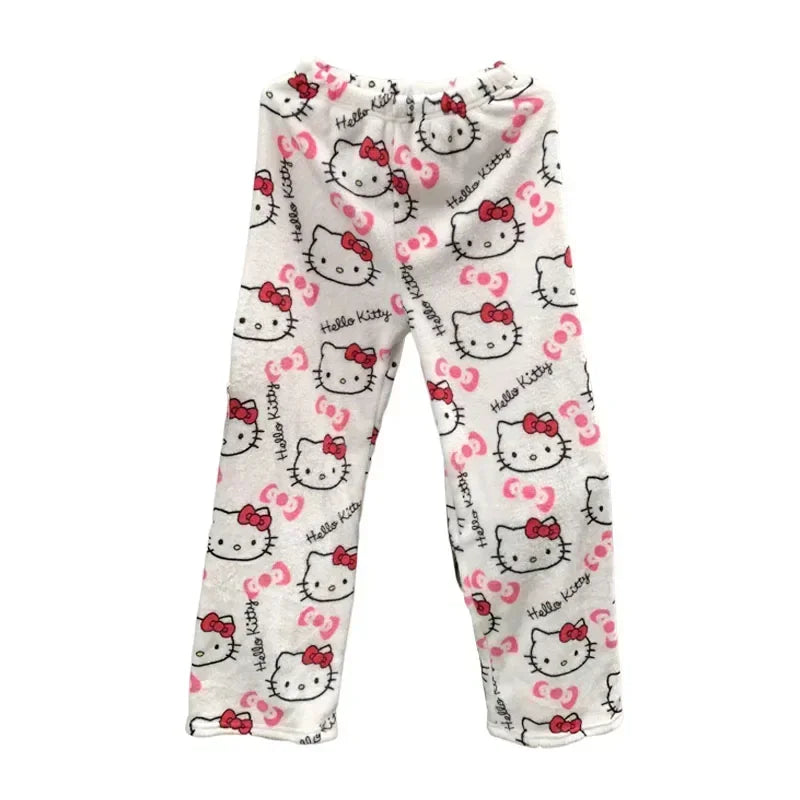 Thick Hello Kitty Fleece Pajama Pants – Soft Double Elastic Anime Trousers for Women, Cute Sanrio Birthday Gift