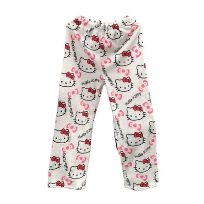 Thick Hello Kitty Fleece Pajama Pants – Soft Double Elastic Anime Trousers for Women, Cute Sanrio Birthday Gift