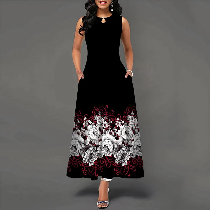Women’s Loose Floral Vintage Maxi Dress – Ruffled Hole Summer Camis Big Size Elegant Party Dress