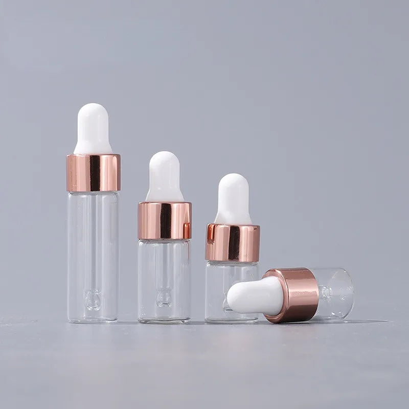 Mini Dropper Bottles - 10/20pcs Glass Empty Essential Oil Aromatherapy Bottles with Rose Gold Caps - Includes Pipettes - Various Sizes (1ml, 2ml, 3ml, 5ml)