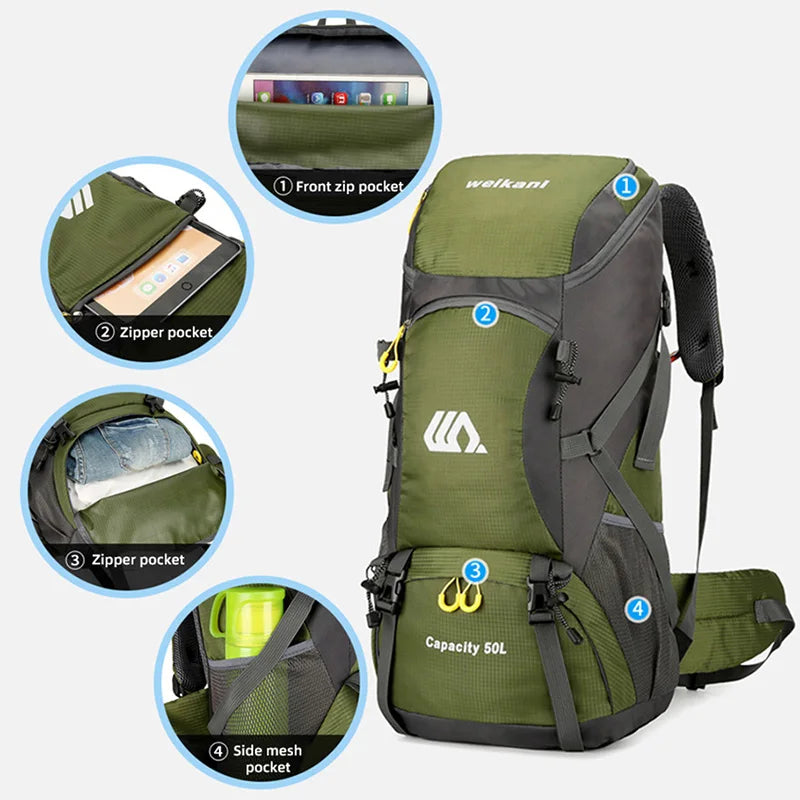 50L Travel Backpack for Men — Large Waterproof Hiking, Camping & Mountaineering Rucksack, Outdoor Sports Luggage Bag