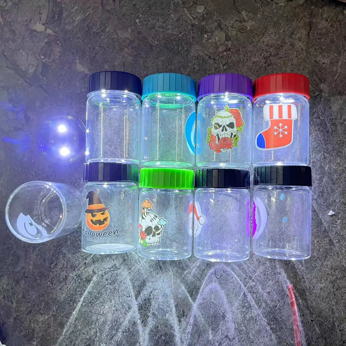 Glass Jar with LED Light — Light-Up Airtight Smoking Storage Bottle with Magnifying Viewing Multi-Use Container
