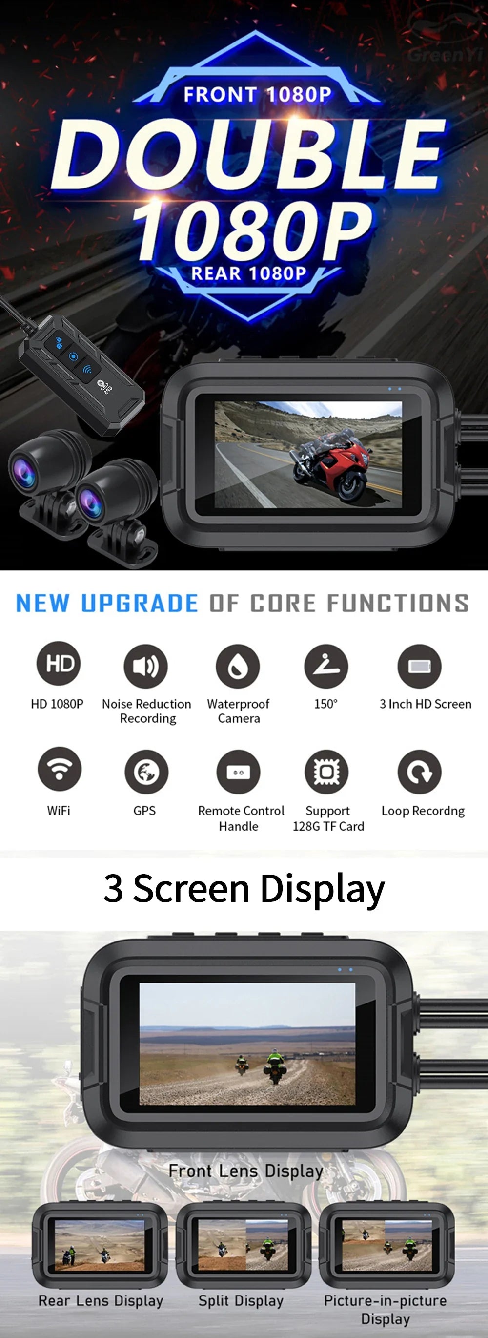 Dual 1080P Motorcycle DVR - Full Body Waterproof Camera with WiFi, GPS, Front and Rear Dash Cam Video Recorder Black Box