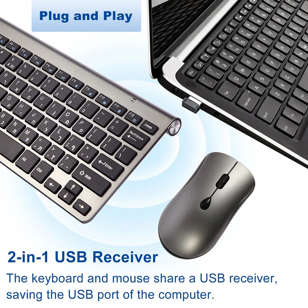 2.4G Wireless Mini Keyboard and Mouse Set – USB Portable Combo with Russian/Korean/Hebrew Layout for PC & Laptop