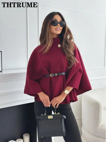 Elegant Autumn Solid Jacket for Women – Single-Breasted Batwing Sleeve, Loose Casual Coat for Office & Chic Look