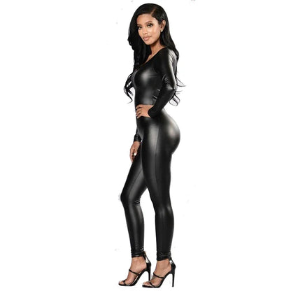 Women's PU Leather Bodysuit - Black Long Sleeve Party Jumpsuit