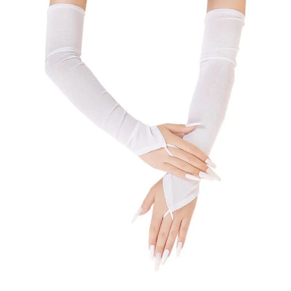 Women’s Elastic Mesh Lace Gloves – Transparent Long Arm Sleeves for Sun Protection, Wedding & Cosplay Costume Accessory
