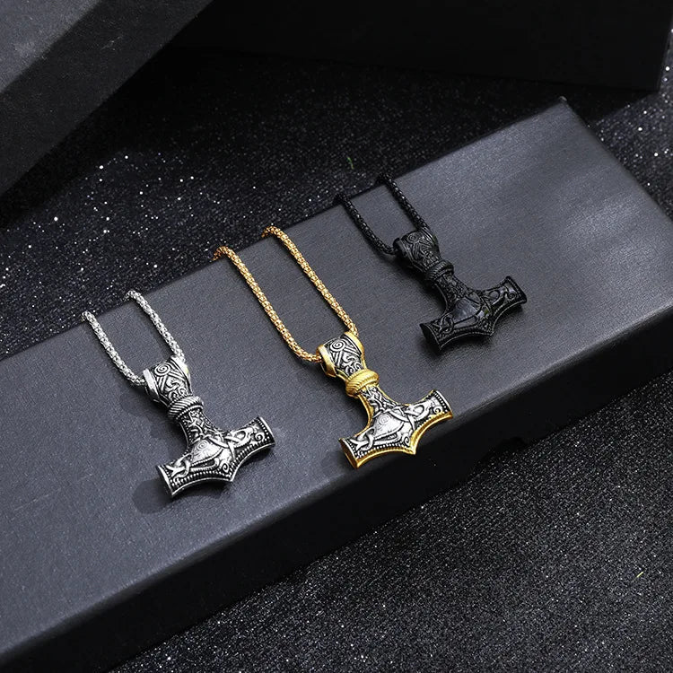 Thor Hammer Viking Necklace – Mjolnir Norse Amulet Pendant for Men, Punk Scandinavian Jewelry with Metal Chain