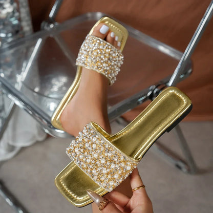 Women’s Rhinestone Flat Sandals - Crystal Embellished Non-Slip Summer Beach Slides