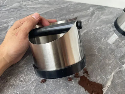 Stainless Steel Coffee Knock Box – Non-Slip Espresso Ground Bin with Rubber Ring and Beveled Design