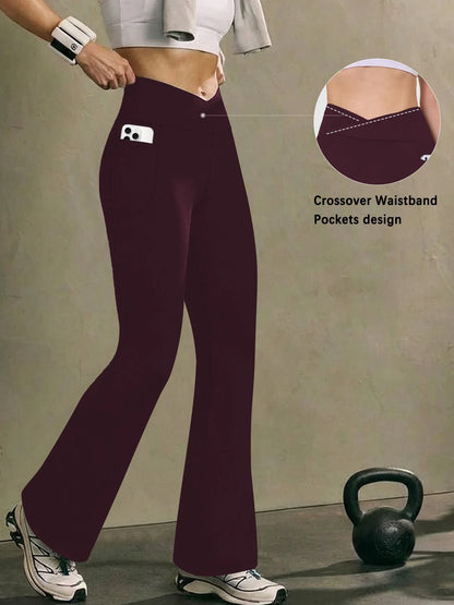 Women’s Super Soft High Waisted Flare Leggings – Crossover Waist Tummy Control Yoga Pants with Pockets Fitness Activewear