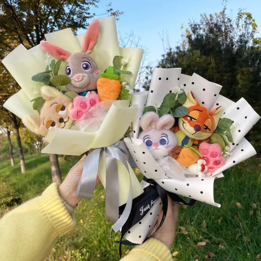 Zootopia Plush Dolls – Judy Hopps & Nick Wilde Handmade Plush Bouquet, Creative Gift for Christmas, Birthday & Valentine’s Day