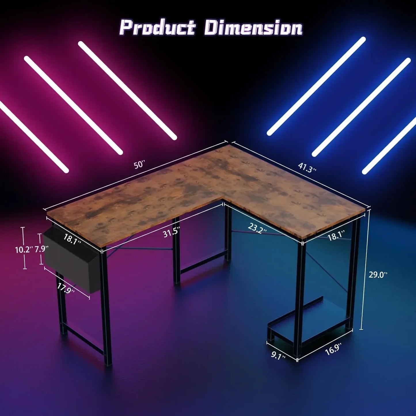 L-Shaped Computer Desk – Wooden Corner Gaming Table with Side Storage Bag for Home Office, Small Spaces, White