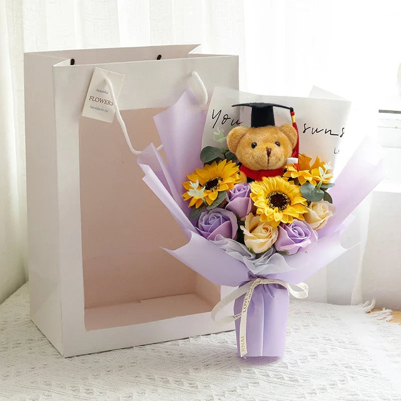 DIY Simulated Flower Bouquet – Crochet Sunflower Finished Product, Graduation, Doctoral, Valentine’s Day & Birthday Gift with Bear