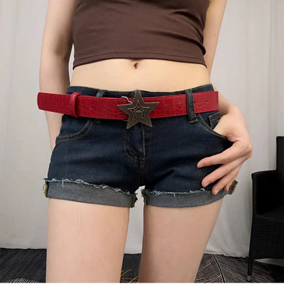 Gothic Punk PU Leather Belt - 3.3cm Wide Y2K Retro Star Buckle Waistband for Women