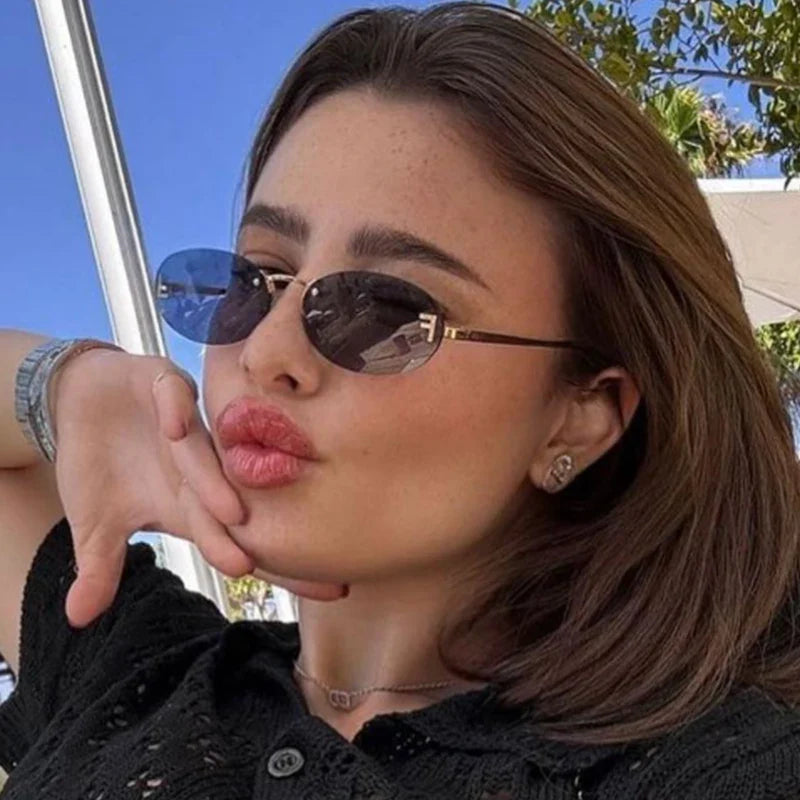 Diamond Letter "F" Rimless Sunglasses | Women’s Luxury Metal Frame Black Oval UV400 Shades
