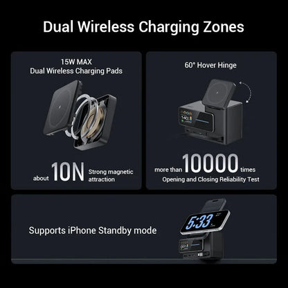 CUKTECH 15 Charging Station - 140W GaN USB-C Fast Charger with Retractable Cable TFT Display Wireless Charging for Xiaomi iPhone MacBook Laptop