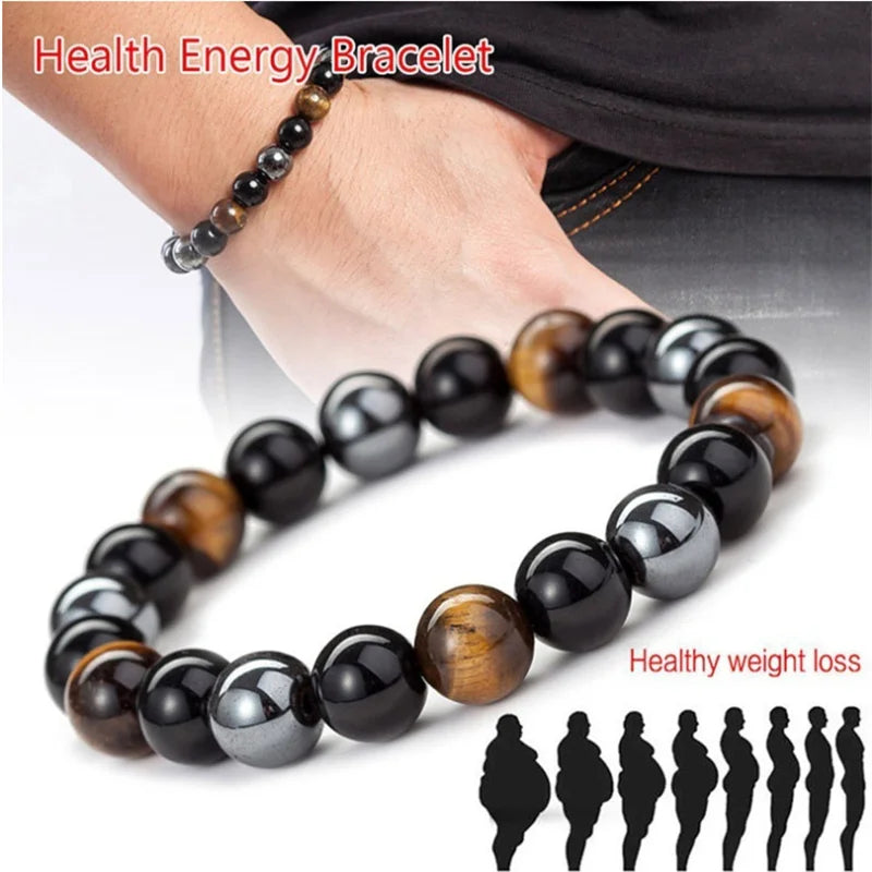 Natural Black Obsidian Hematite Tiger Eye Beaded Bracelet — Magnetic Health Protection Jewelry for Men & Women