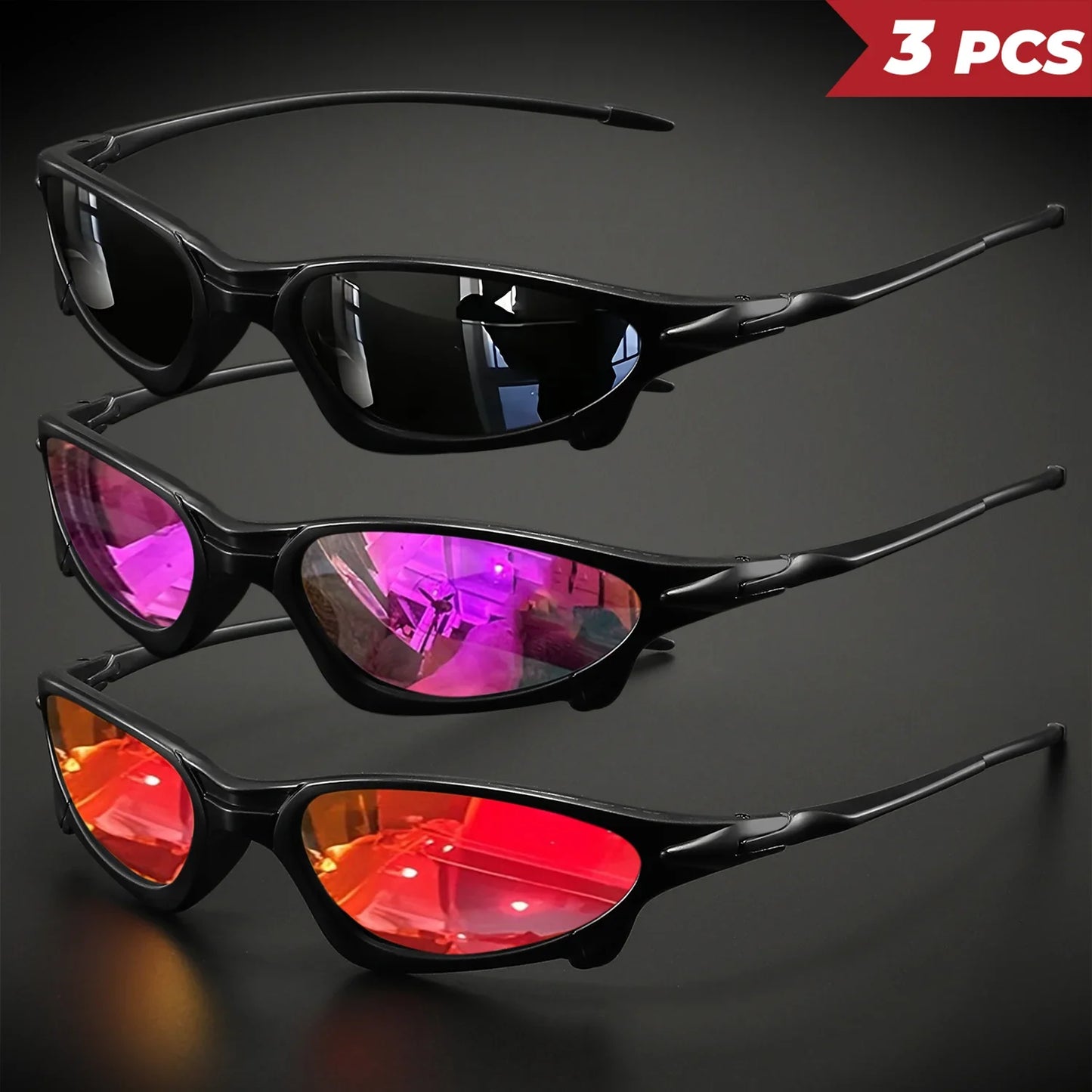 3PCS Futuristic Sports Sunglasses Set – Small Frame Wraparound UV400 Eyewear | Colorful Cycling, Fishing & Travel Protective Outdoor Sunglasses