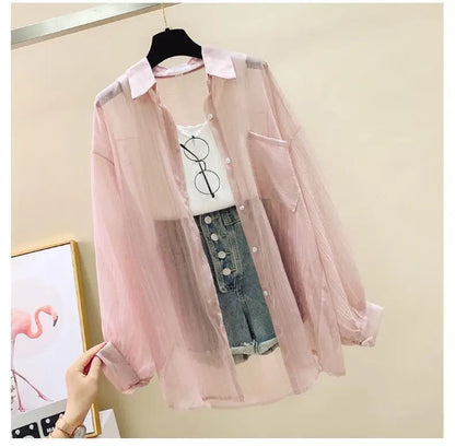 Summer Sunscreen Shirt – Elegant Thin Chiffon Korean Harajuku See-Through Loose Blouse & Casual Women’s Cardigan