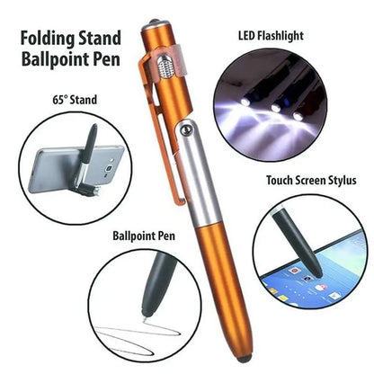 4-in-1 Multifunction Ballpoint Pen — LED Light, Foldable Phone Holder, Night Reading, Writing Pencil for Students and Office Use