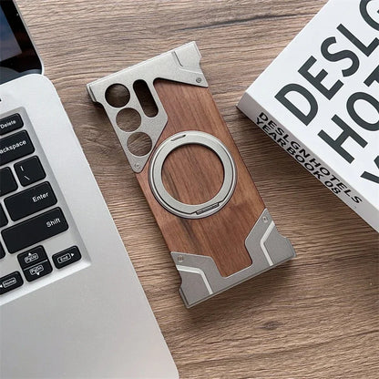 Aluminum & Wooden Magnetic Phone Case – 360° Shockproof Magsafe Cover for Samsung Galaxy S22-S25 Ultra