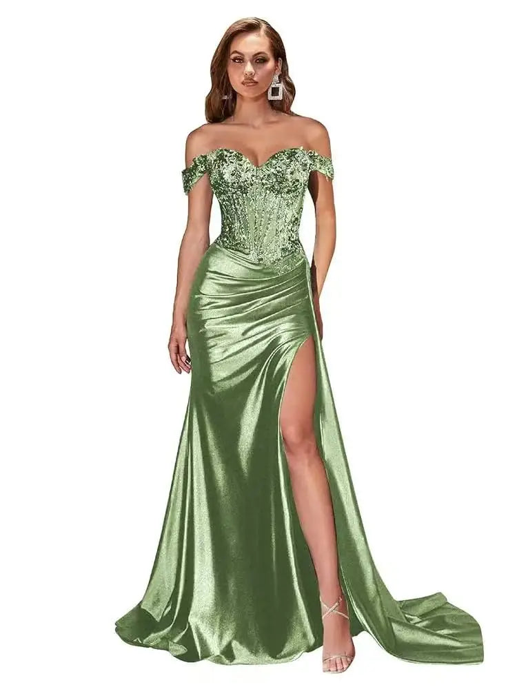 Women’s Dark Navy Off-Shoulder Prom Dress — Sweetheart Beaded Lace Corset Evening Gown with High Side Slit 2025