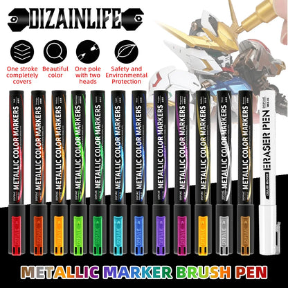 DSPIAE MKA Super Metallic Brush Pen – 12 Water-Based Colors with Soft Tip for Gundam & Mecha Model DIY Hobby
