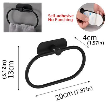 Stainless Steel Self-Adhesive Towel Holder – Black Bathroom & Kitchen Rack, Washhand Hanger Ring Bar