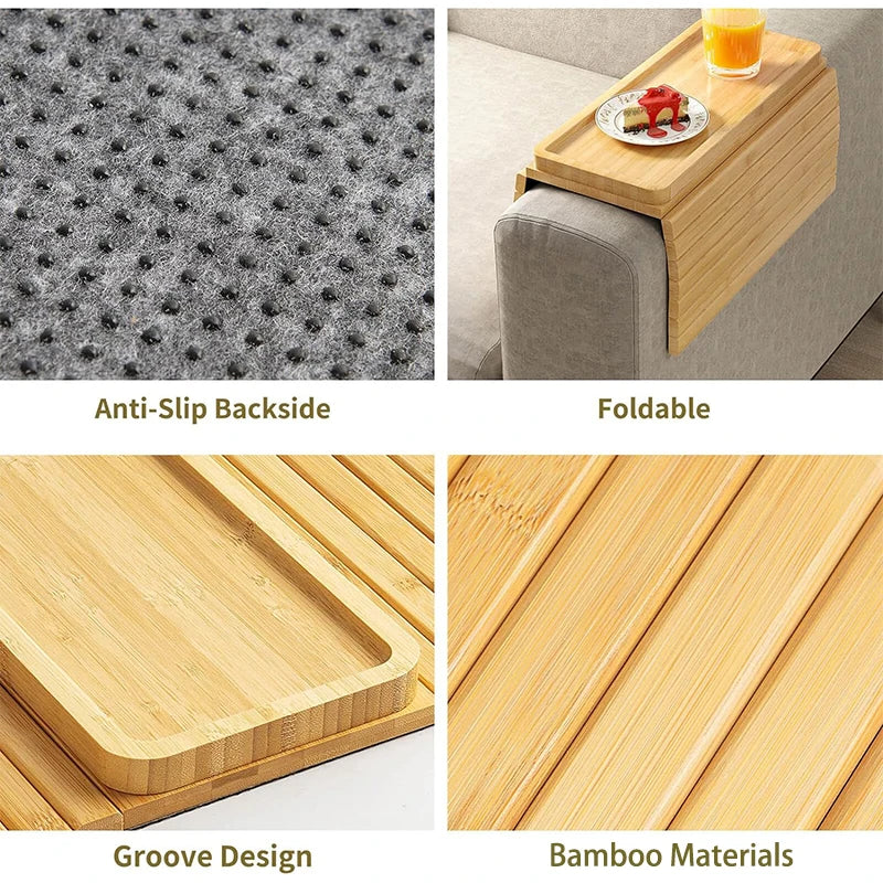 Bamboo Couch Cup Holder – Anti-Slip Foldable Sofa Armrest Tray for Cups, Snacks & Remote Control   1/2