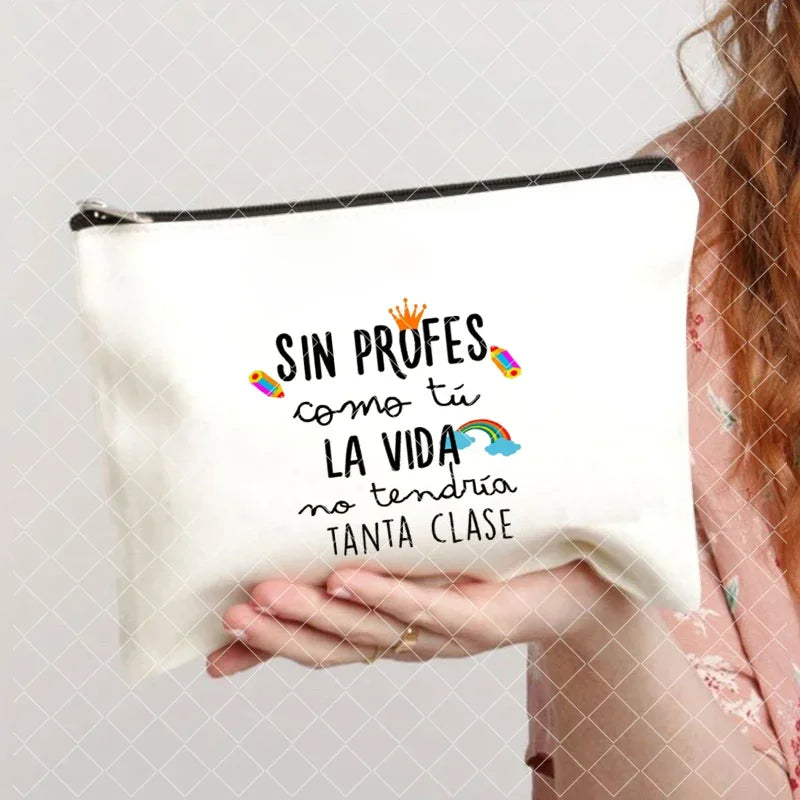Spanish Printed Teacher Life Makeup Pouch - Pencil Case, School Stationery Storage Bag, Travel Organizer and Gift