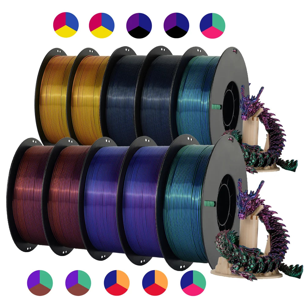 Tri-Color Dual-Color Silk Rainbow PLA Filament 1.75mm – Accurate +/-0.03mm, Compatible with Most FDM 3D Printers