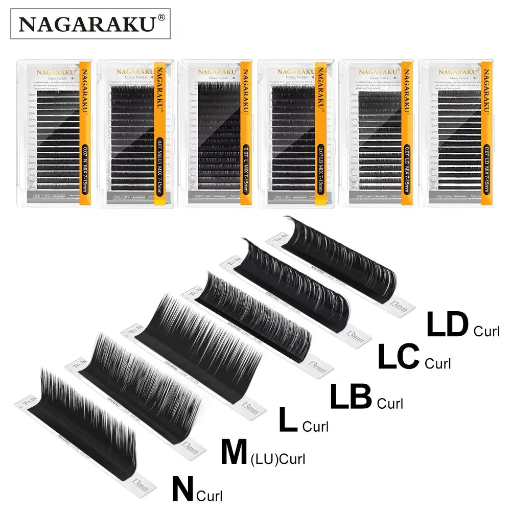 NAGARAKU Synthetic Mink Eyelash Extensions — 16 Lines, Mixed 7-15mm N/M/L/LB/LC/LD Curl High-Quality Individual Lashes